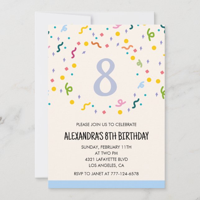 Cartes d'invitation d'anniversaire 8 ans simples C (Devant)