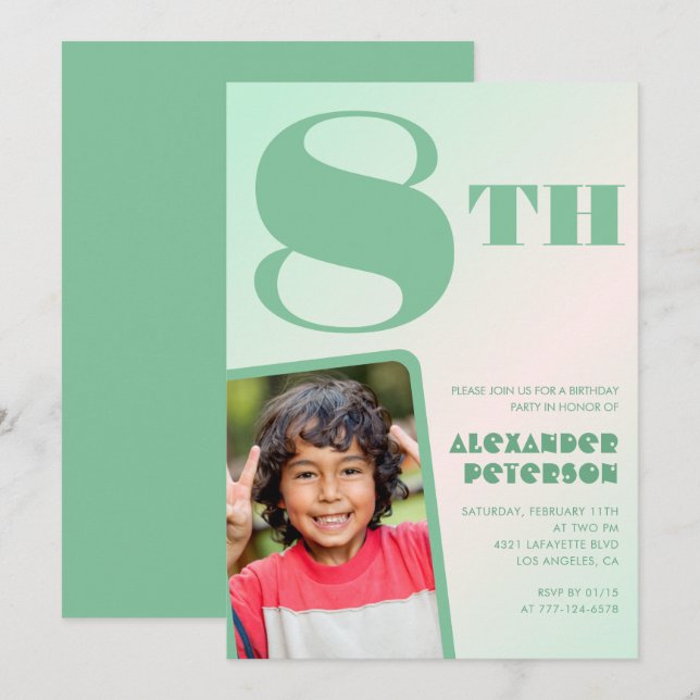 Cartes d'invitation d'anniversaire 8 ans vertes Ph (Devant / Derrière)