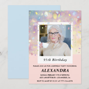 Cartes d'invitation d'anniversaire 95 ans Rose Con