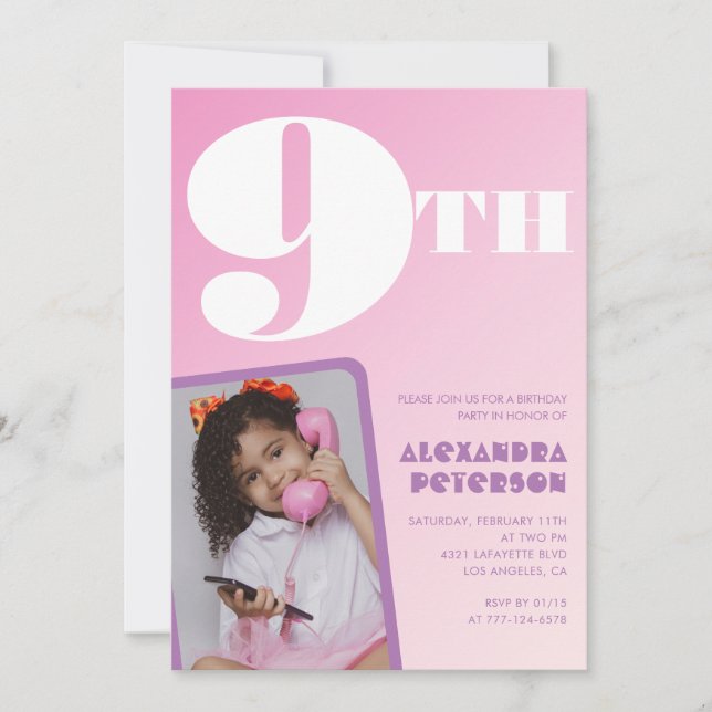 Cartes d'invitation d'anniversaire 9 ans Rose Fill (Devant)