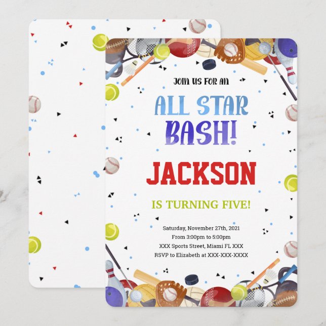 Cartes d'invitation d'anniversaire All Star Sport (Devant / Derrière)