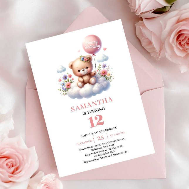 Cartes d'invitation d'anniversaire au ballon flora (Joyful teddy bear floral balloon birthday invitation

)