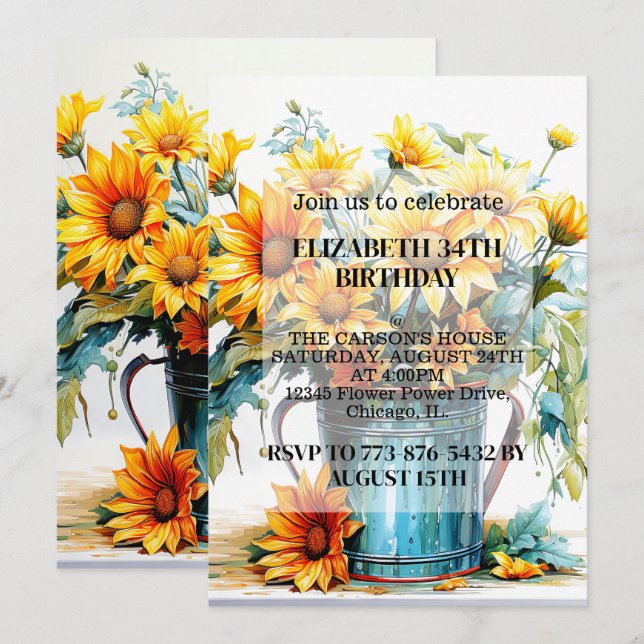 Cartes d'invitation d'anniversaire avec des fleurs (Devant / Derrière)
