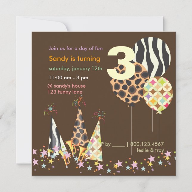 Cartes d'invitation d'anniversaire Ballons Zèbre d (Devant)