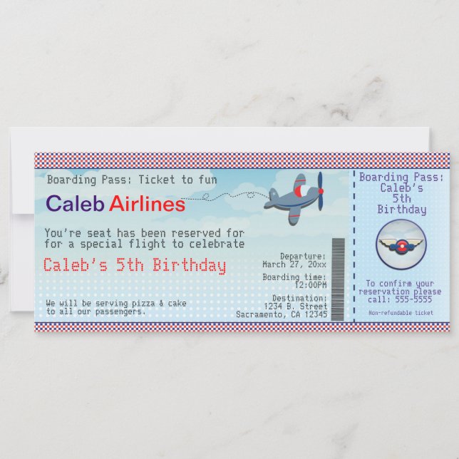 Cartes d'invitation d'anniversaire billet d'avion  (Devant)