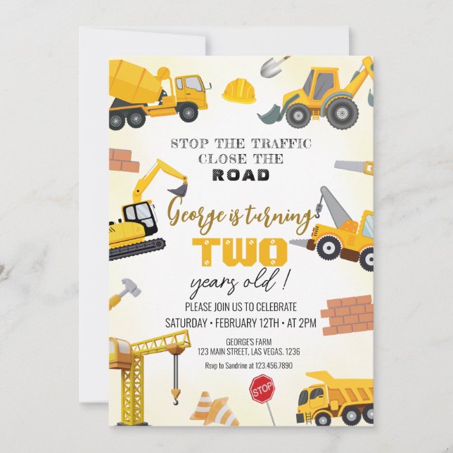 Cartes d'invitation d'anniversaire Construction (Devant)