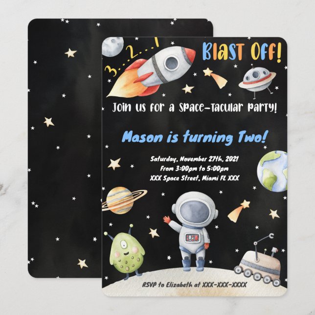 Cartes d'invitation d'anniversaire dans l'espace (Devant / Derrière)