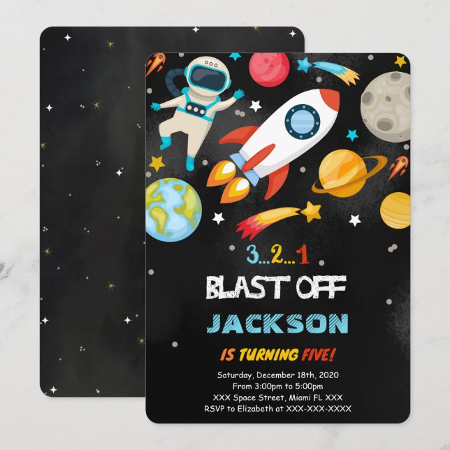 Cartes d'invitation d'anniversaire dans l'espace m (Devant / Derrière)