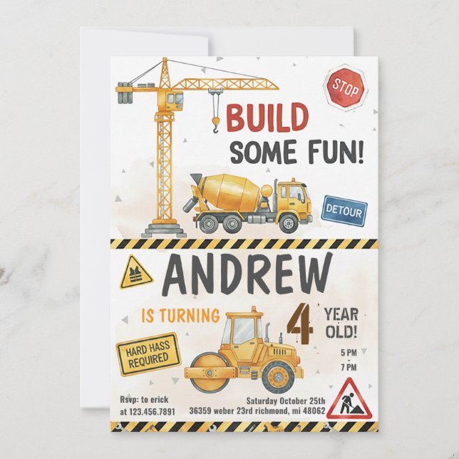 Cartes d'invitation d'anniversaire de construction (Devant)