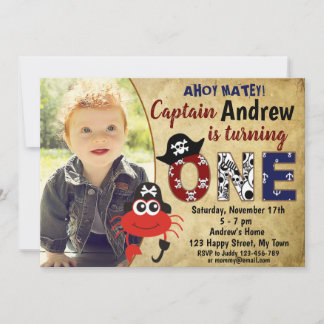 Cartes d'invitation d'anniversaire de crabe pirate