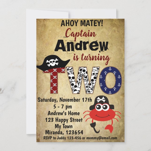 Cartes d'invitation d'anniversaire de crabe pirate (Devant)
