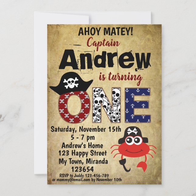 Cartes d'invitation d'anniversaire de crabe pirate (Devant)
