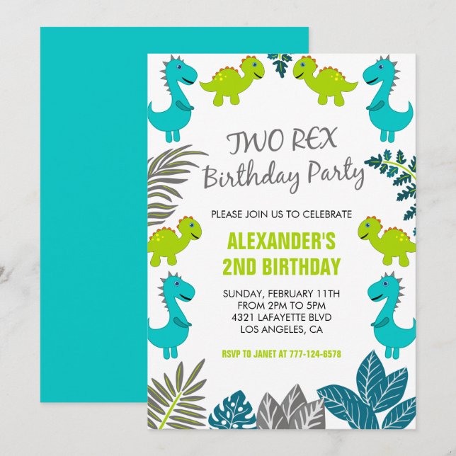 Cartes d'invitation d'anniversaire de dinosaure de (Devant / Derrière)