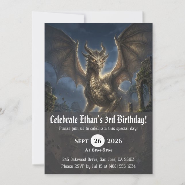 Cartes d'invitation d'anniversaire de dragon à l'a (Devant)