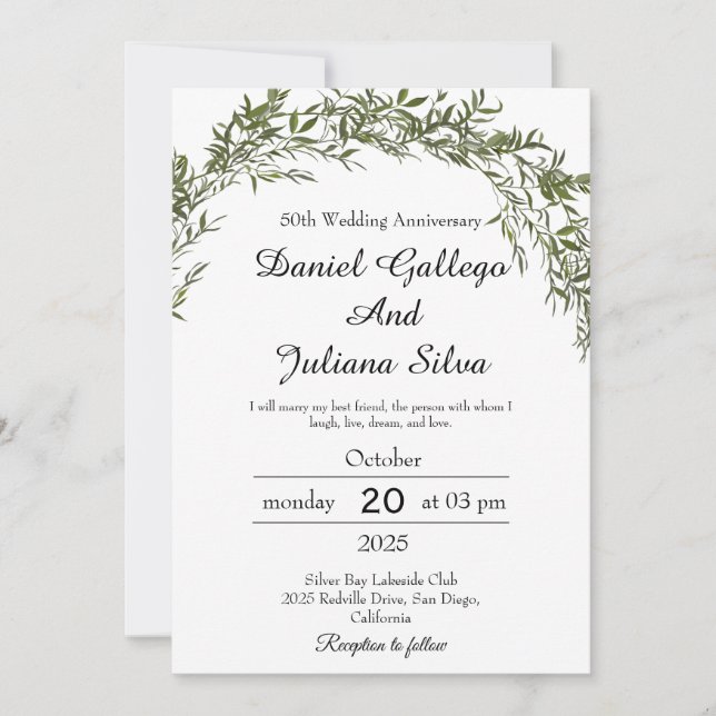 Cartes d'invitation d'anniversaire de mariage à la (Devant)