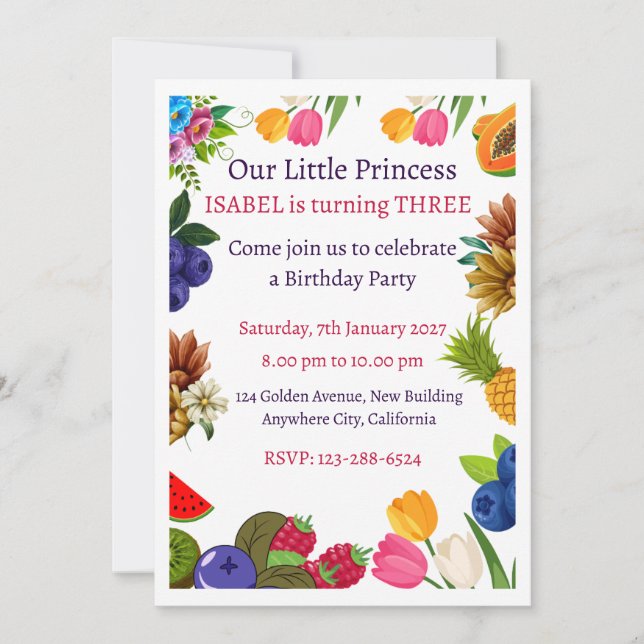 Cartes d'invitation d'anniversaire de princesse fl (Devant)