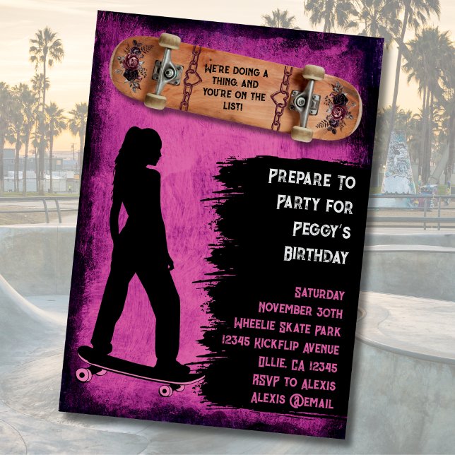 Cartes d'invitation d'anniversaire de skateuse « S (Shred Like a Girl Skateboarding Birthday Party Invitations)