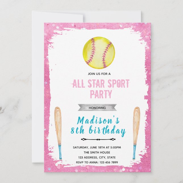 Cartes d'invitation d'anniversaire de softball (Devant)