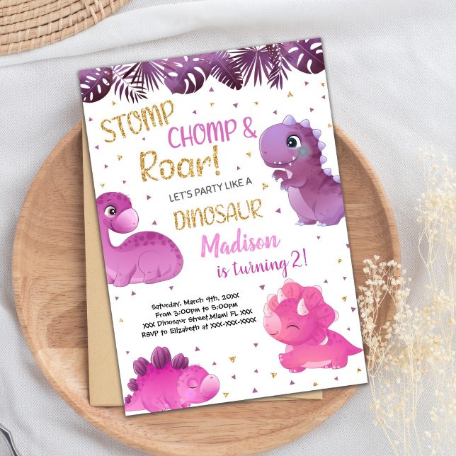 Cartes d'invitation d'anniversaire dinosaure rose  (Pink Purple Dinosaur Birthday Invitations)
