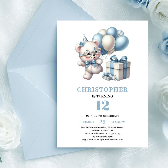Cartes d'invitation d'anniversaire garçon bleu pou (Lovely teddy bear dusty blue boy birthday invitation

)