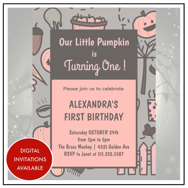 Cartes d'invitation d'anniversaire Halloween 1 aut (halloween-1st-birthday-invitations-pink-fall-1)