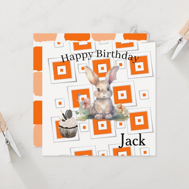 Cartes d'invitation d'anniversaire lapin orange po (Devant/Arrière en situation)