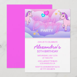 Cartes d'invitation d'anniversaire Licorne Arc-en-
