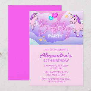 Cartes d'invitation d'anniversaire Licorne Arc-en-