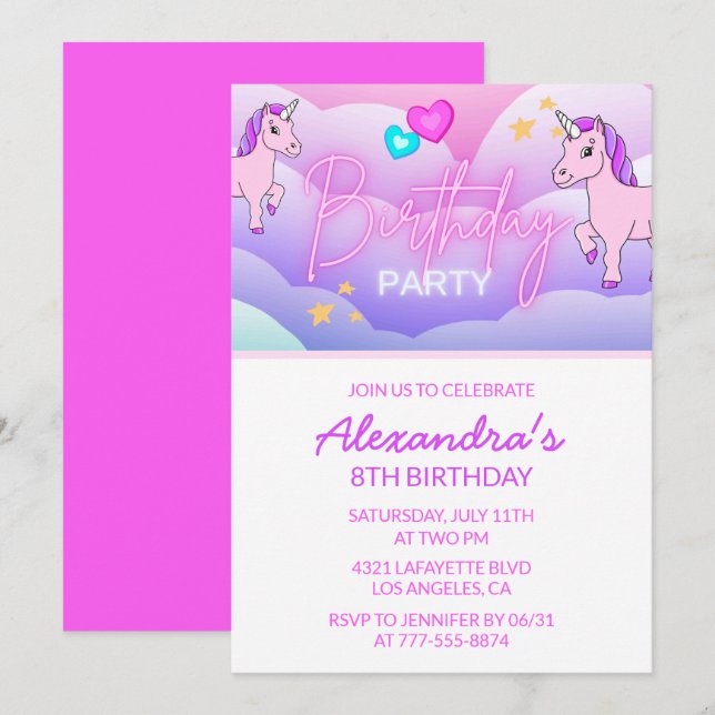 Cartes d'invitation d'anniversaire Licorne Arc-en- (Devant / Derrière)