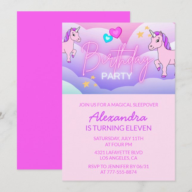 Cartes d'invitation d'anniversaire Licorne Arc-en- (Devant / Derrière)