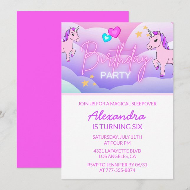 Cartes d'invitation d'anniversaire Licorne Arc-en- (Devant / Derrière)