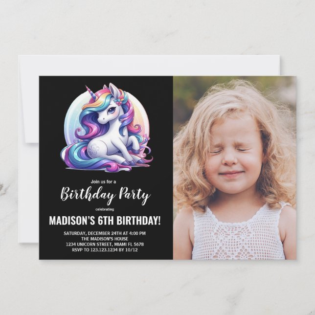 Cartes d'invitation d'anniversaire Licorne avec ph (Devant)