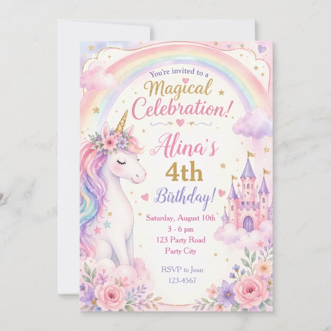 Cartes d'invitation d'anniversaire Licorne Fille - (Devant)