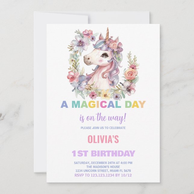 Cartes d'invitation d'anniversaire licorne florale (Devant)