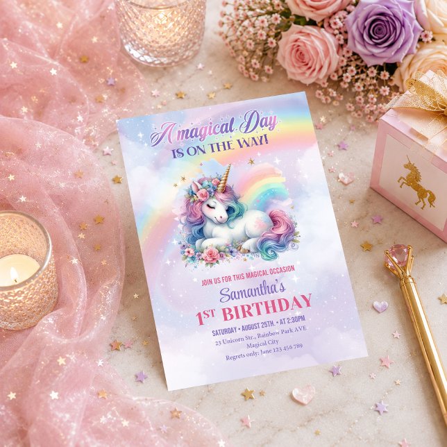 Cartes d'invitation d'anniversaire licorne rose vi (Colorful Unicorn Pink Purple Girl Birthday Invitation

)