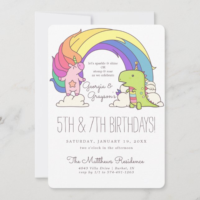 Cartes d'invitation d'anniversaire Licornes & Dino (Devant)