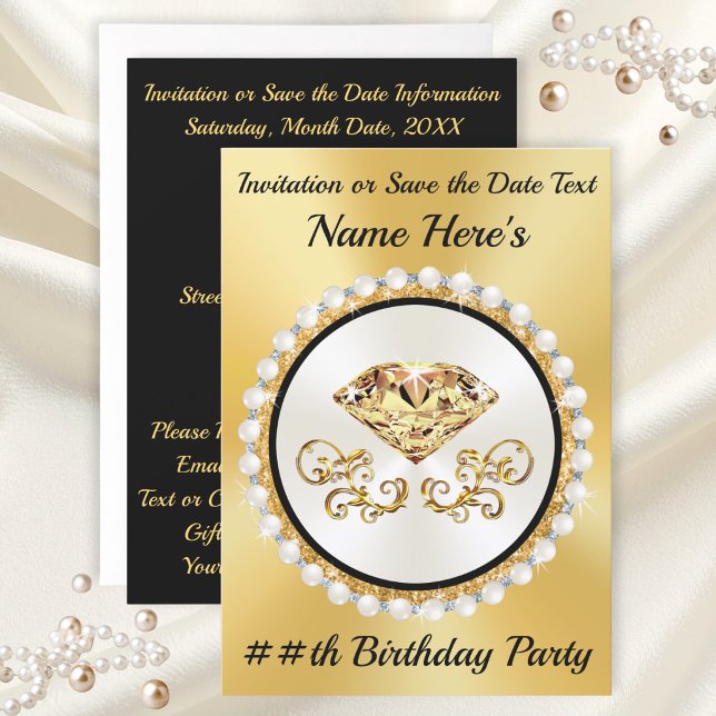 Cartes d'invitation d'anniversaire Or et Noir, TOU (50 year birthday invitations. Gold and black birthday invitations. Diamonds and pearls invitations.)