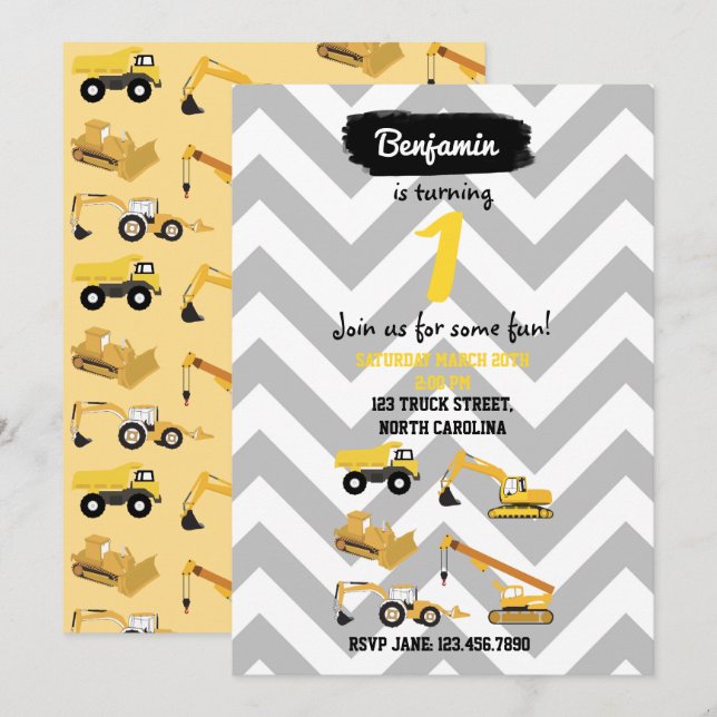 Cartes d'invitation d'anniversaire pour camions de (Devant / Derrière)