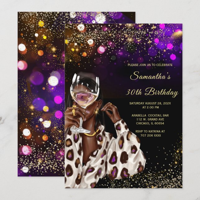 Cartes d'invitation d'anniversaire pour femme afro (Devant / Derrière)