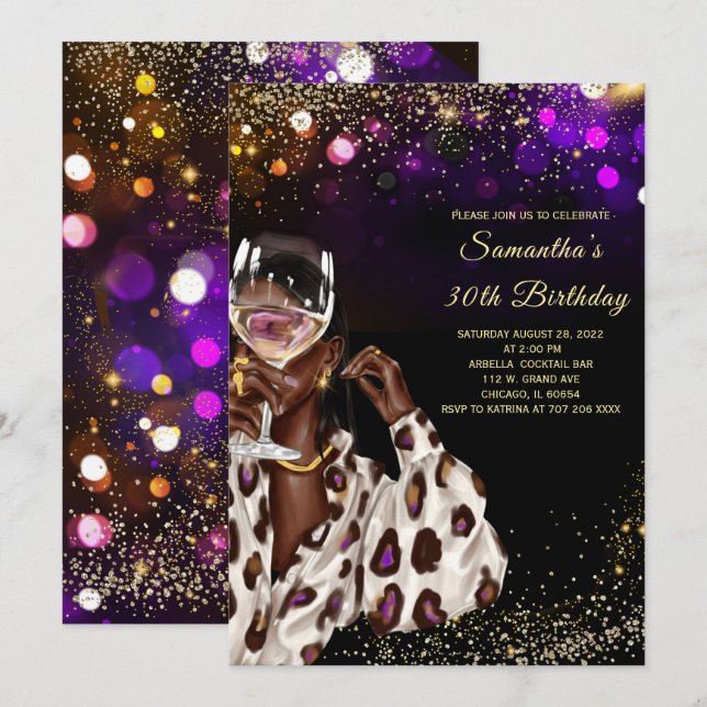 Cartes d'invitation d'anniversaire pour femme afro (Devant / Derrière)