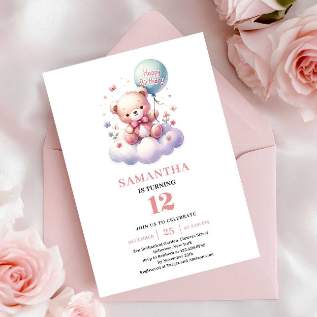 Cartes d'invitation d'anniversaire pour fille avec (Adorable teddy bear balloon girl birthday invitation

)