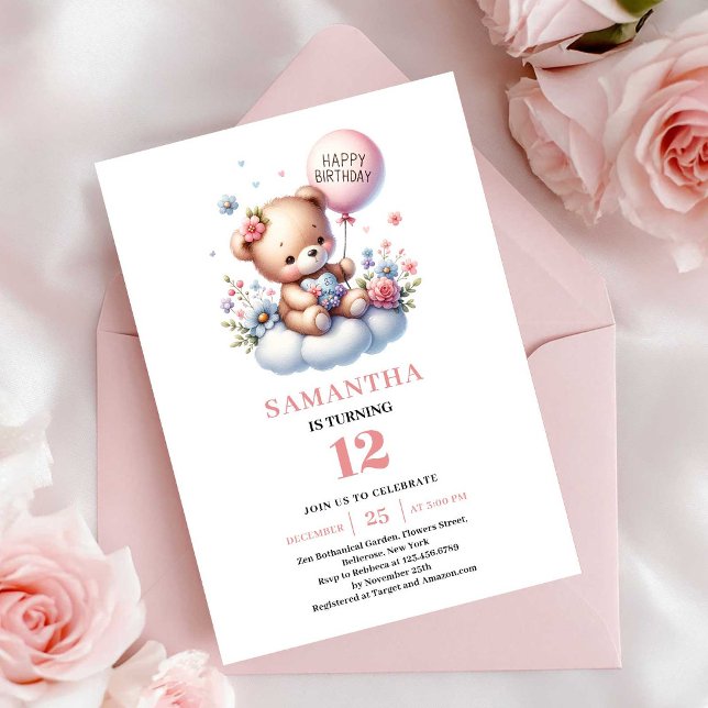 Cartes d'invitation d'anniversaire pour fille avec (Charming teddy bear balloon girl birthday invitation

)