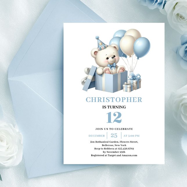 Cartes d'invitation d'anniversaire pour garçon ble (Darling teddy bear dusty blue boy birthday invitation

)
