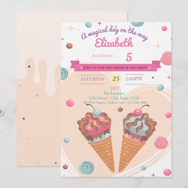 Cartes d'invitation d'anniversaire pour glaces à b (Devant / Derrière)