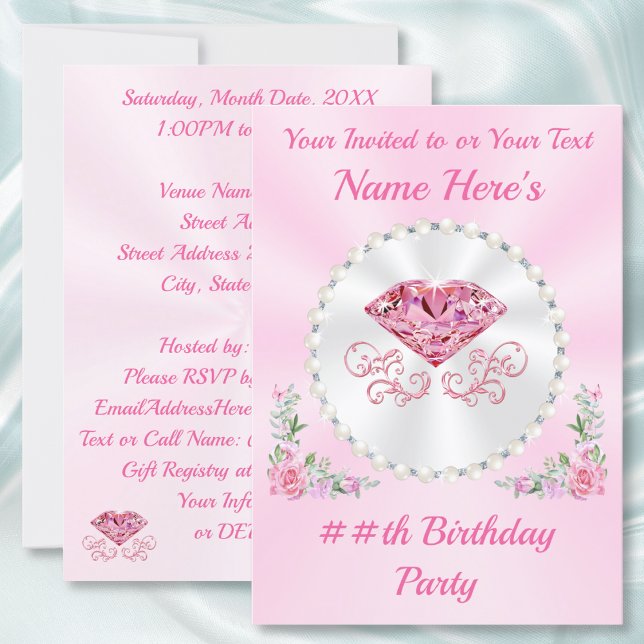 Cartes d'invitation d'anniversaire Rose, Diamant e (Personalised Birthday Invitations for her, mum, daughter, grandmother. 30 year birthday invitations.)