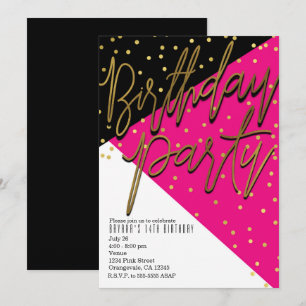 Cartes d'invitation d'anniversaire rose noir or en