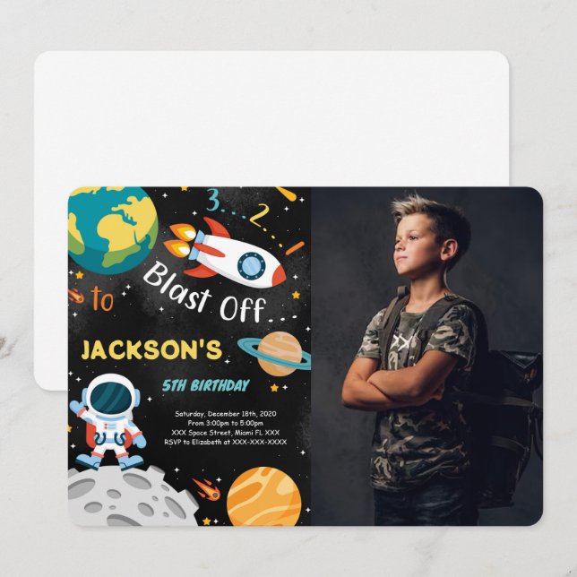 Cartes d'invitation d'anniversaire Space Boy avec  (Devant / Derrière)
