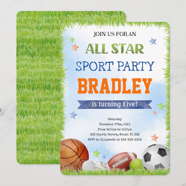 Cartes d'invitation d'anniversaire sportives (Devant / Derrière)
