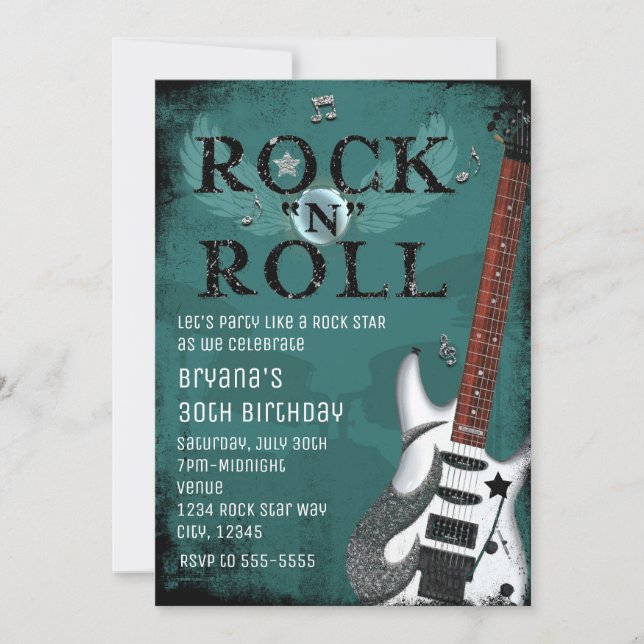 Cartes d'invitation d'anniversaire Teal Rock N Rol (Devant)