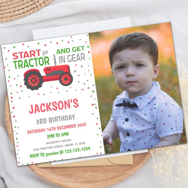 Cartes d'invitation d'anniversaire Tracteur Rouge  (Red Tractor Birthday Invitations with photo)